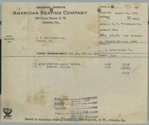 1936 American Seating Company 209 Pryor St Atlanta Invoice R.F. Strickland 139 