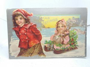 Two Little Girls With Sled Xmas Greetings Vintage Christmas Postcard c1915 USA