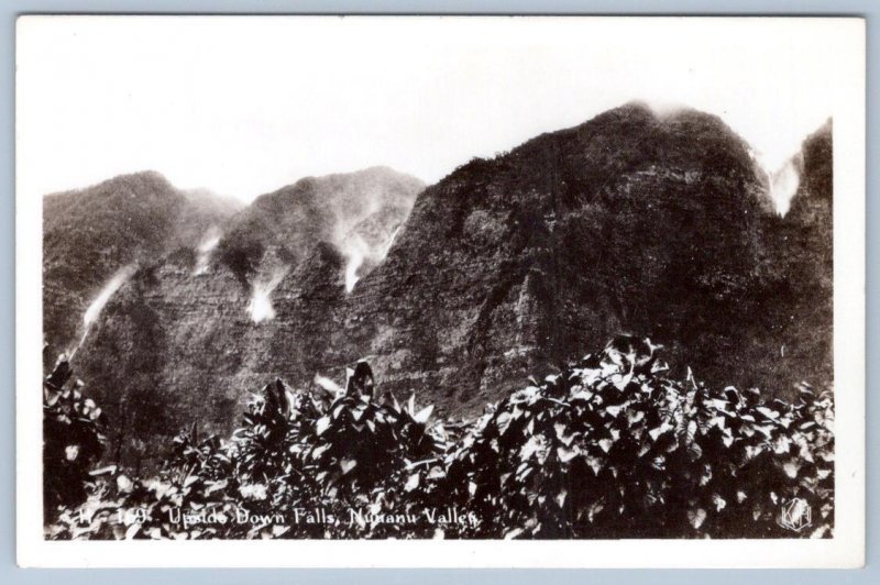 RPPC NUUANU VALLEY UPSIDE DOWN WATERFALLS HAWAII VINTAGE REAL PHOTO POSTCARD