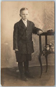 c1910s Young Man Portrait RPPC Boy Real Photo PC George to Cousin Margret A212