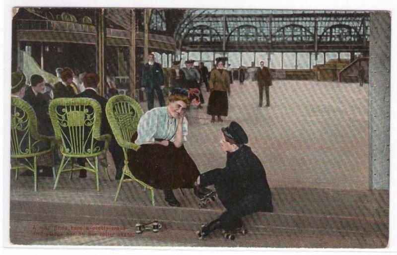 Couple Roller Skating Hall 1910c postcard