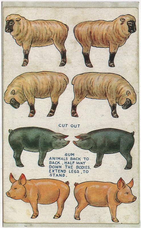 Vintage Reproduction of a RARE 1907-1915 Cut-Out Farm Animals Pig Sheep Postcard