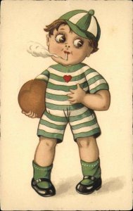 Little Boy Soccer Football Uniform & Ball Smoking Cigarette c1920 Postcard