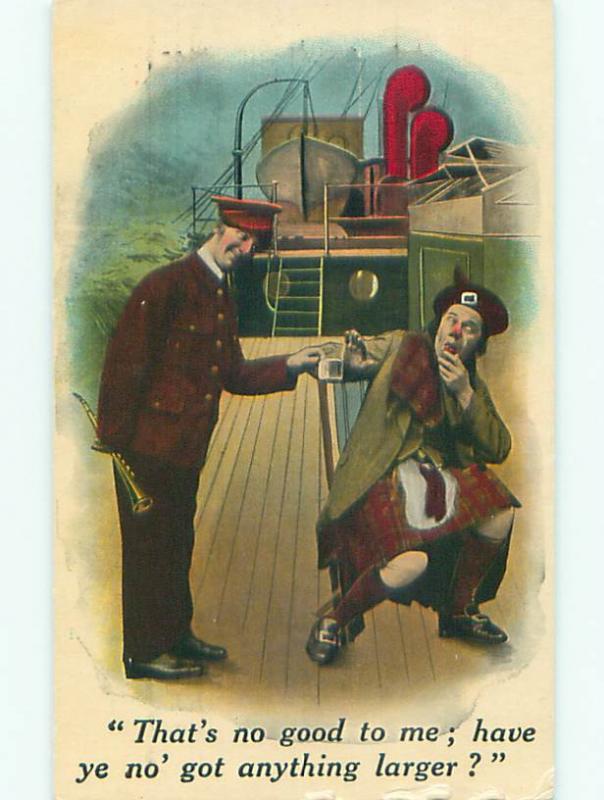 Unused Bamforth comic SCOTTISH MAN IN KILT ON SHIP BOAT k8009