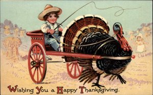 Thanksgiving Fantasy Little Boy in Turkey Drawn Cart c1910 Vintage Postcard