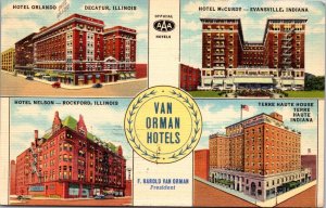 Linen Postcard The Van Orman Brand Hotels in Illinois and Indiana
