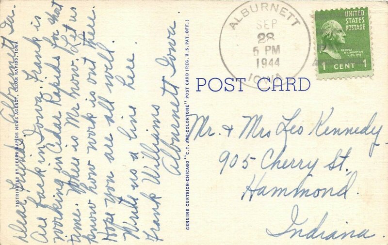 Cedar Rapids Iowa 1944 Postcard Benjamin Franklin High School Alburnett Iowa