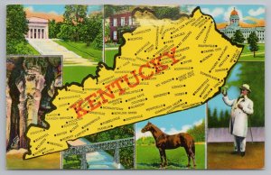 Kentucky~State Map Greeting Card & Views Key On Back~Vintage Postcard