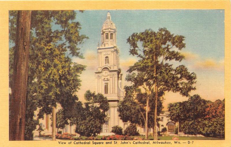 Milwaukee Wisconsin~Cathedral Square & Saint John's Cathedral~1949 Postcard