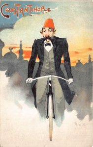 CONSTANTINOPLE TURKEY BICYCLE ARTIST SIGNED ROSSEETT POSTCARD (c. 1900)