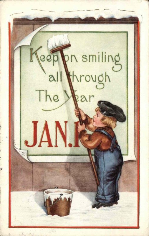 Whitney New Year Little Boy Papering Sign on Wall Vintage Postcard