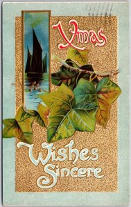 1912 Christmas Wishes Sincere Embossed Green Leaf Posted Postcard