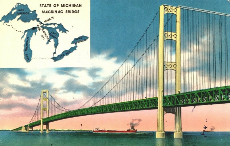 USA State Of Michigan Mackinac Bridge Chrome Postcard 04.05