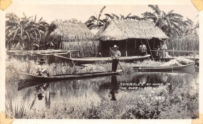 E36/ Everglades Florida Fl Real Photo RPPC Postcard c40s Seminole Indians Boat 2