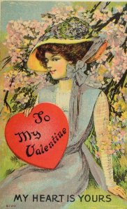 Circa 1910 Valentine Lovely Lady Flowers Big Heart Vintage Postcard P59