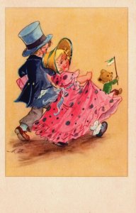 Nice Dressed Boy and Girl Teddy Bear Vintage Postcard C240