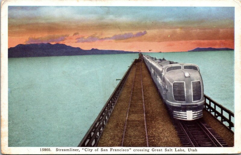 Streamliner Train City Of San Francisco on Salt Lake UT Overland Route Postcard