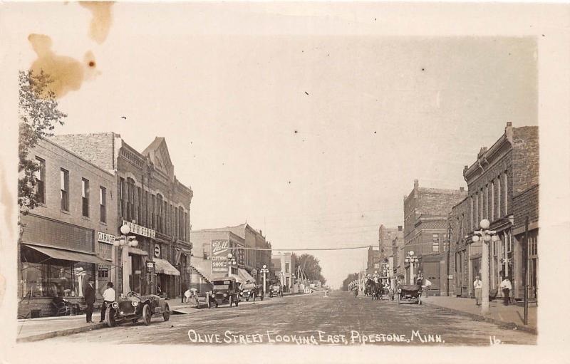 E49/ Pipestone Minnesota Mn Real Photo RPPC Postcard c1910 Olive St Stores Autos