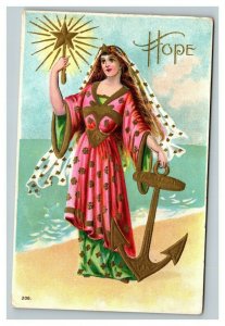 Vintage 1900's Greetings Postcard Beautiful Woman Pink Gold Dress Anchor Star