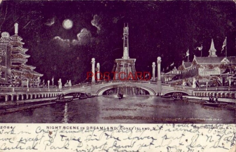 pre-1907 NIGHT SCENE IN DREAMLAND, CONEY ISLAND,  N. Y. glitter card 1906