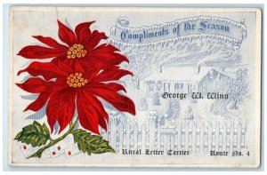 c1910's Christmas Compliments Of The Season Poinsettia Flowers Mailman Postcard