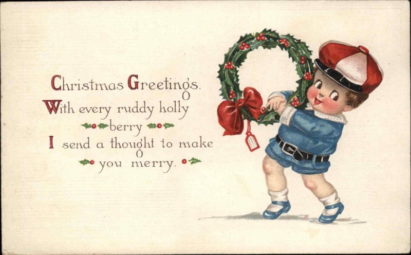 Christmas Little Boy with Wreath Cute Kids Vintage Postcard