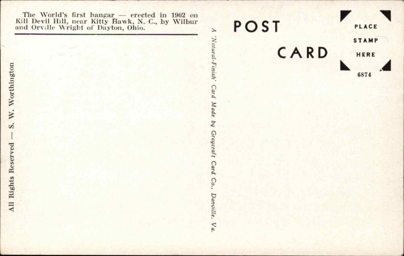 Wilbur Orville Wright World's First Airplane Hangar Kitty Hawk NC Postcard