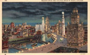 Vintage Postcard 1942 Wacker Drive Chicago River By Night Chicago Illinois ILL