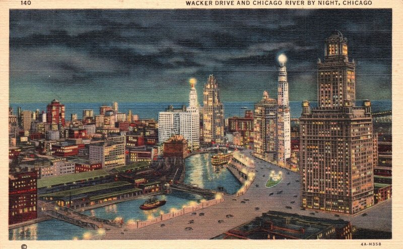 Vintage Postcard 1942 Wacker Drive Chicago River By Night Chicago Illinois ILL