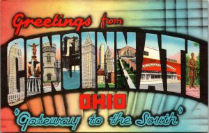 Vtg 1930's Greetings From Cincinnata Ohio OH Large Letter Linen Postcard