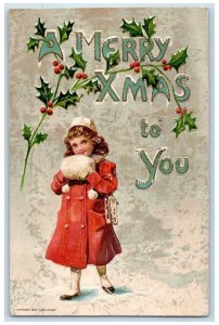 1910 Christmas Girl Handwarmer Holly Berries Embossed Posted Antique Postcard