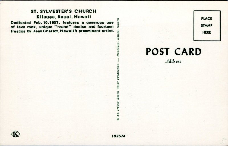 Postcard HI Kauai St. Sylvester's Church, exterior view, Kilauea