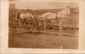 Horses Men Riding Horse Drawn Carriage Real Photo