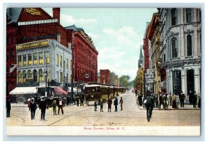 c1910 Trolley Car, Cigar, Wald & Sinnott, Busy Corner, Utica NY Postcard