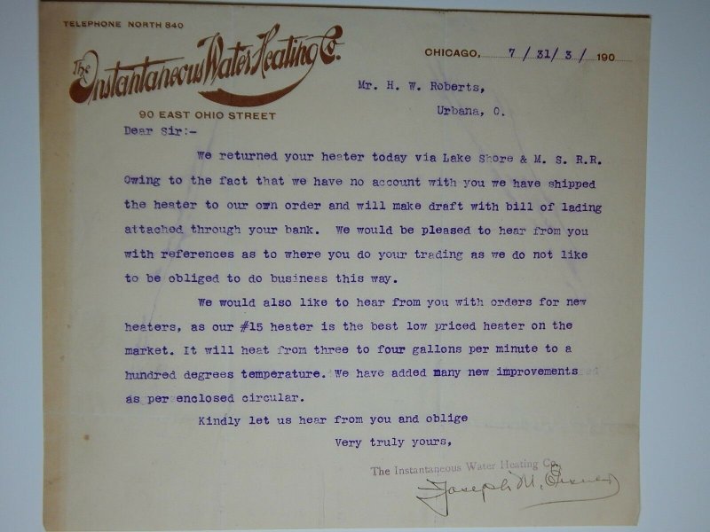 1903 INSTANTANEOUS WATER HEATING CO Inquiry CHICAGO Letterhead