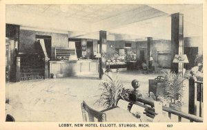 Lobby Interior HOTEL ELLIOTT Sturgis, Michigan c1910s Vintage Postcard