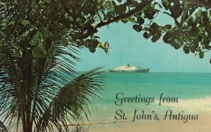 Vintage Postcard Steam Ship Ocean Greetings St. John's Antigua Caribbean Island