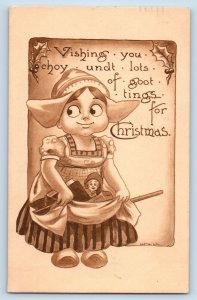 Christmas Postcard Dutch Girl With Toys Vishing You Choy Undt Lots Of Goot Tings