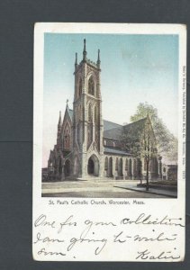 Post Card 1905 Worcester Ma Antique St Pauls Catholic Church UDB Photoview