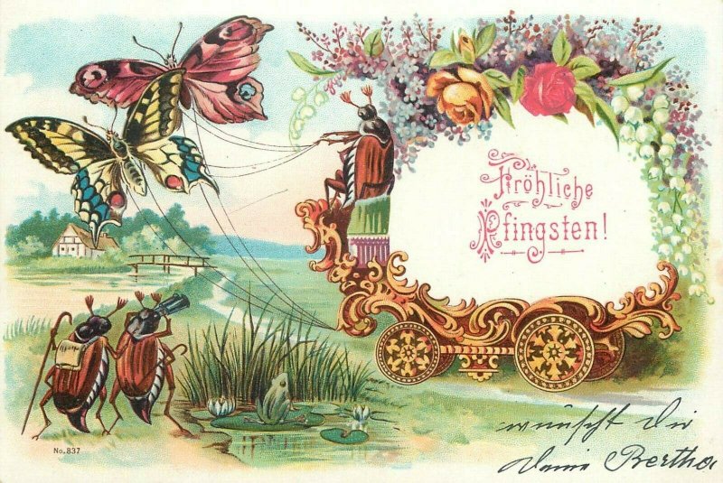 Pentecost fantasy butterflies cart fantasy humanized beetle bugs 1900s postcard