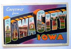 Greetings From Iowa City Large Letter Postcard Linen Curt Teich Unused Vintage