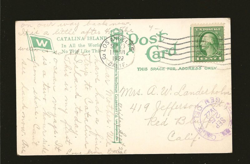 Postmarked 1922 Los Angeles Calif. Steamship AVALON Catalina Island Postcard