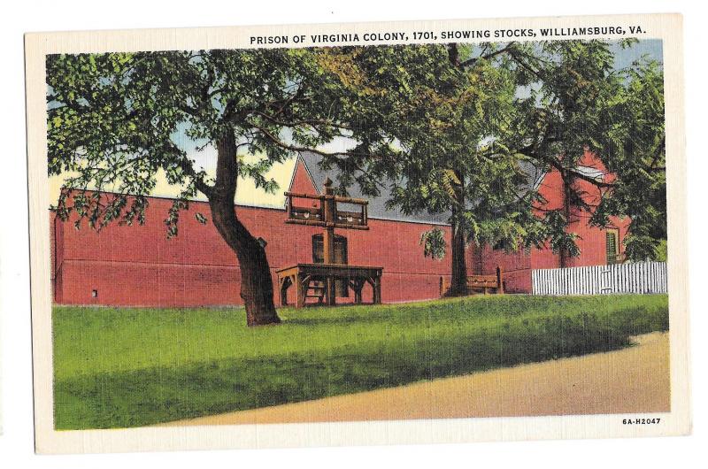 VA Williamsburg Virginia Colony Prison showing Stocks Vintage Linen Postcard