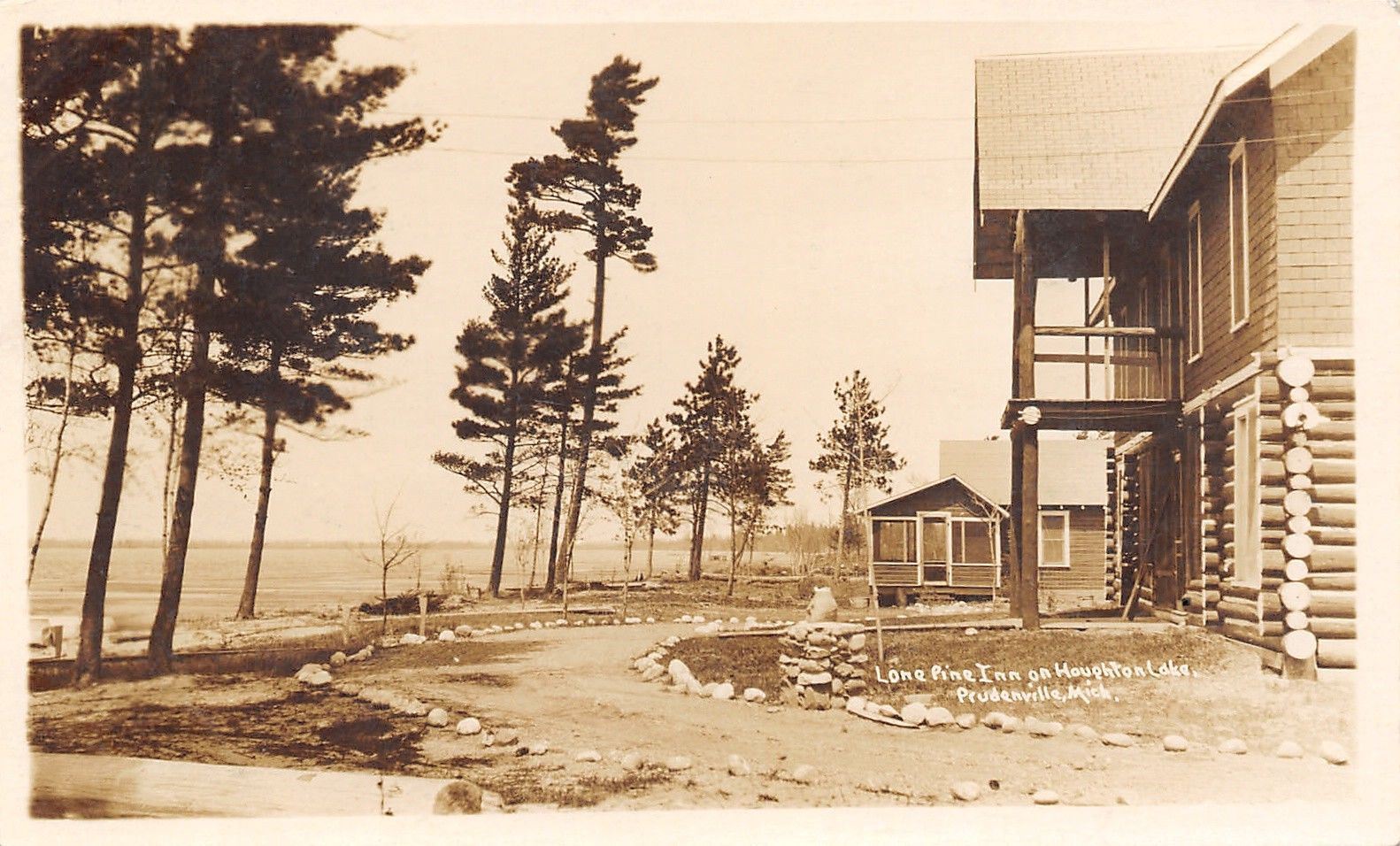 Prudenville Mi Lone Pine Inn Log Cabin Houghton Lake Rppc 1927