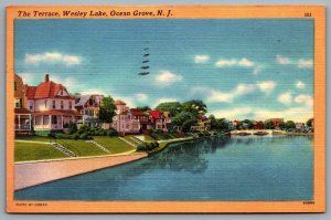 Postcard Ocean Grove NJ c1950s The Terrace Wesley Lake Row of Houses Bridge