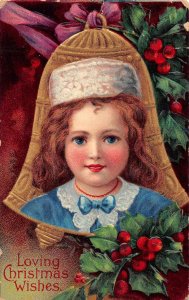 Christmas Greetings Girl Blue Dress Bell Border Vintage Postcard AA41876