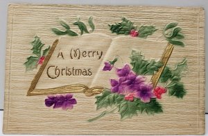 Merry Christmas Embossed Airbrushed Golden Book Holly Postcard D18
