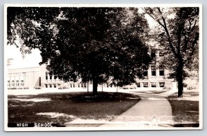 RPPC~Waupun Wisconsin~High School Bldg Exterior View~Shade Trees~Path~1940s PC