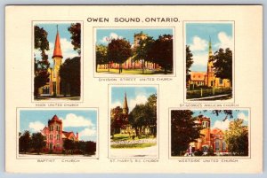 Six Churches Of Owen Sound Ontario Canada, Vintage PECO Multiview Postcard