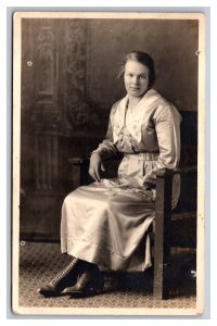 Vintage 1910's RPPC Postcard Studio Portrait Woman White Dress Sitting Chair